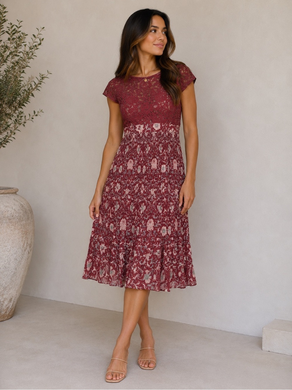 Tracy Reese Wine Lace Bodice & Printed Midi Dress